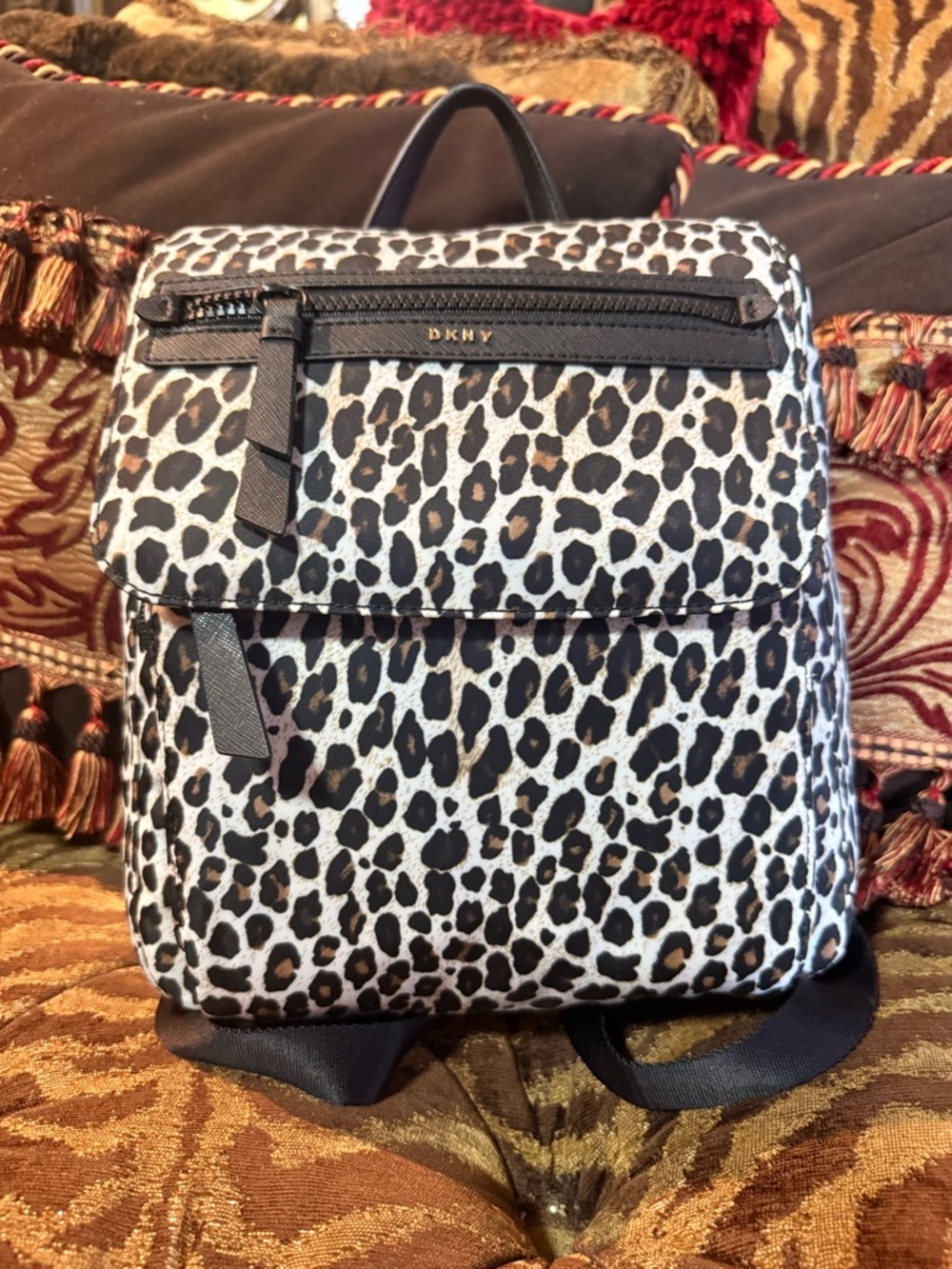 DKNY Black, White & Brown Leopard-Print Mini Backpack